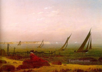 カスパー・ダヴィッド・フリードリヒ Painting - リューゲンの浜辺の女 ロマンチックな船 カスパール・ダーヴィッド・フリードリヒ